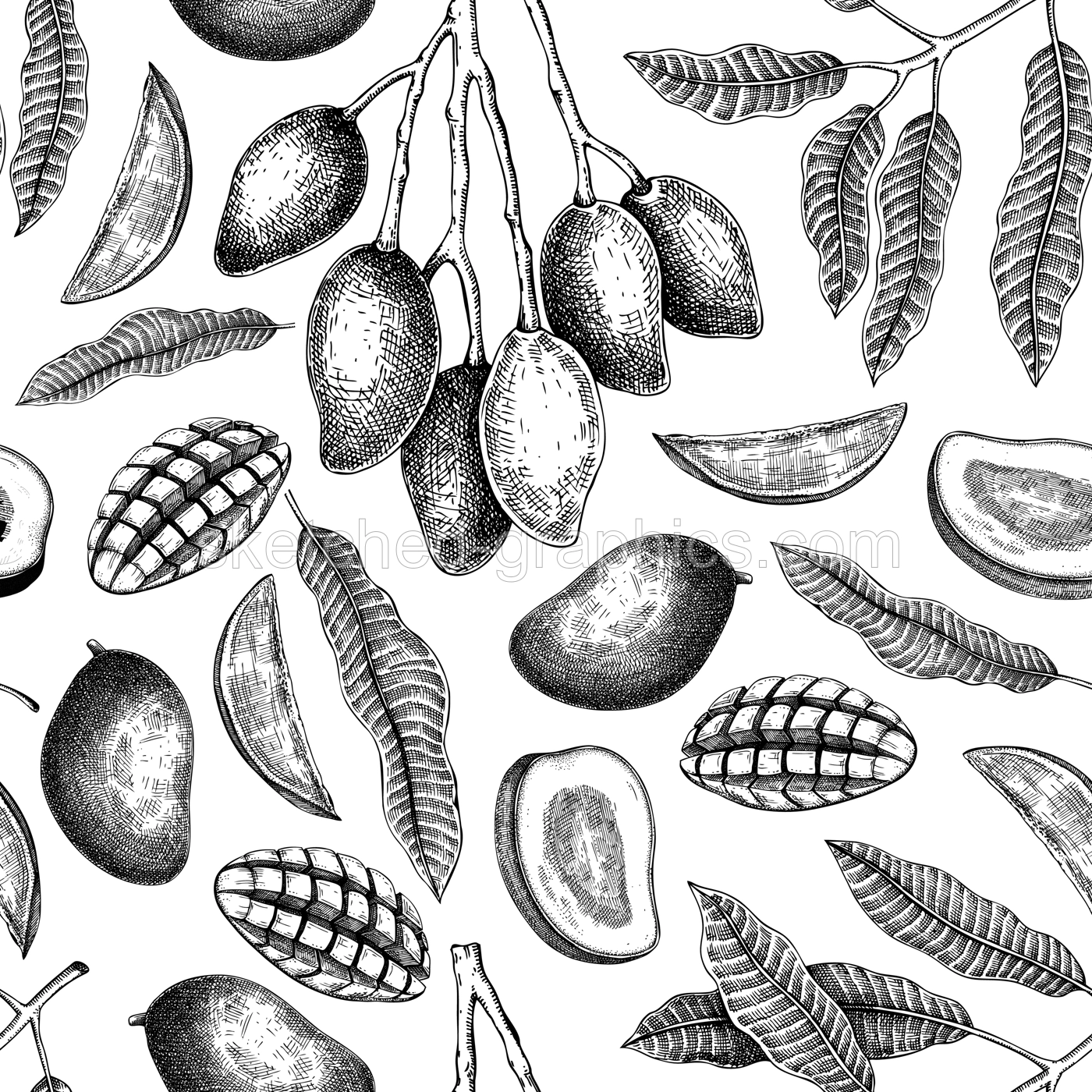 Ripe mango background. Tropical fruit seamless pattern. Hand drawn vector illustration. Exotic plant with fruit, leaves, branches sketches. Summer food design, juice packaging, wrapping paper Illustration